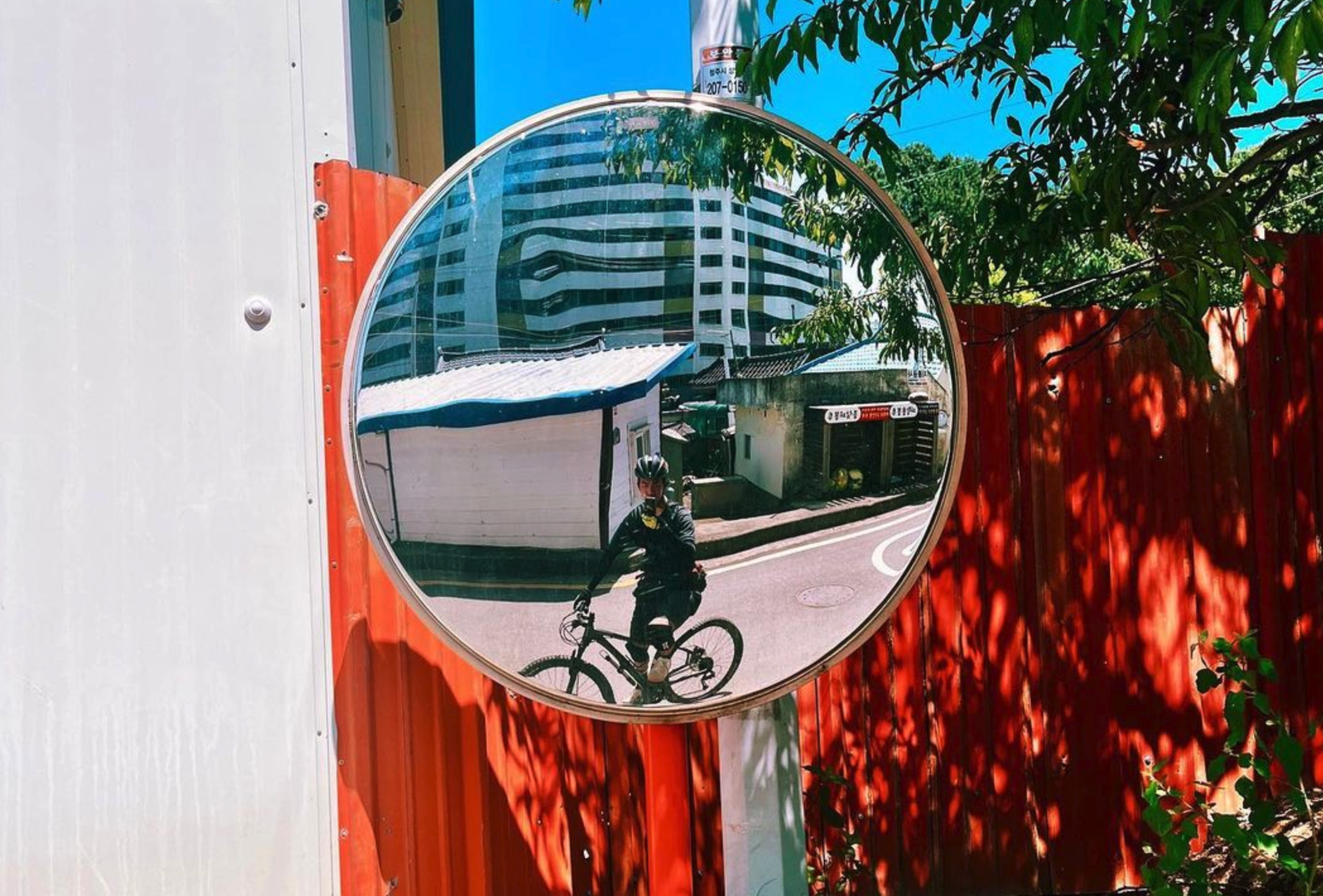 image of Alex Kim taking a selfie via a traffic mirror taking a break from a bike ride in Korea